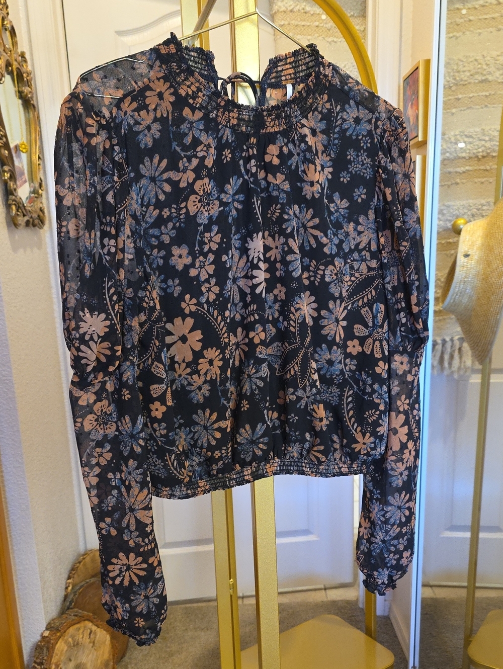 Free People Navy Blush Floral Smocked-Neck Blouse Small Statement Sleeve
